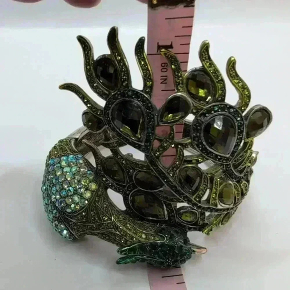 Peacock Design Rhinestone Silvertoned Clamper Cuff Bracelet Adjustable - Picture 10 of 12